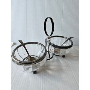 Silver‎ Plated Double Glass Bowl Set Condiment Server Jam Jelly Spoons